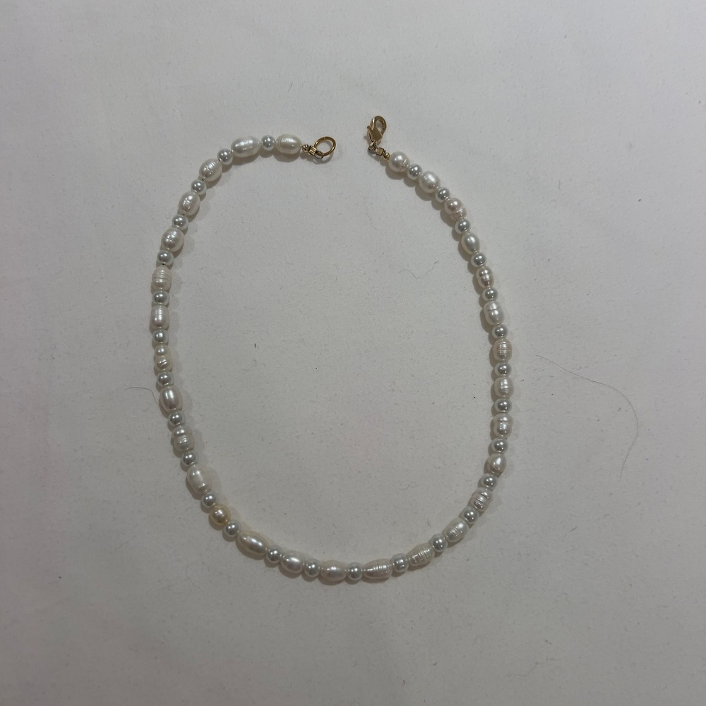 Freshwater Pearl Necklace White Rice and Round‎ Beaded Gold Tone Clasp